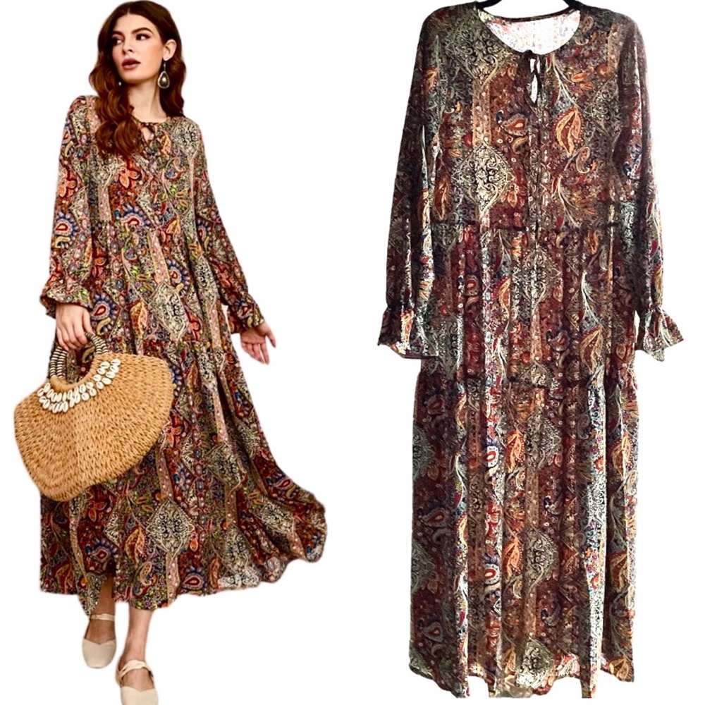 SHEIN Mulvari Paisley Print Flounce Ruffle Sleeve Tiered Dress Size XL NEW!